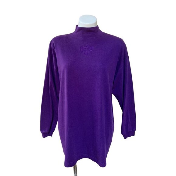 Vintage 80s Purple Turtleneck Shirt Large Embroidered Heart Shoulder Pads - Picture 1 of 9